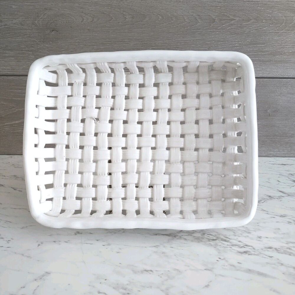 Vintage White Woven Rectangle Bread Basket Home Beautiful Portugal Porcelain